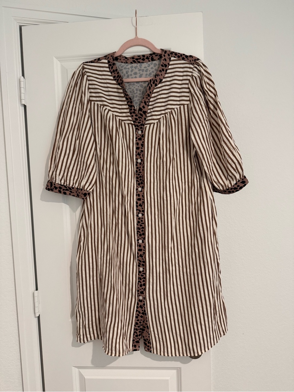 Striped Button-Front Midi Dress with Leopard Trim - Cream & Brown
